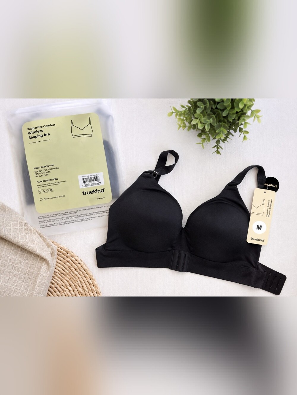 Truekind Supportive Comfort Wireless Shaping Bra Black Size Medium M NWT